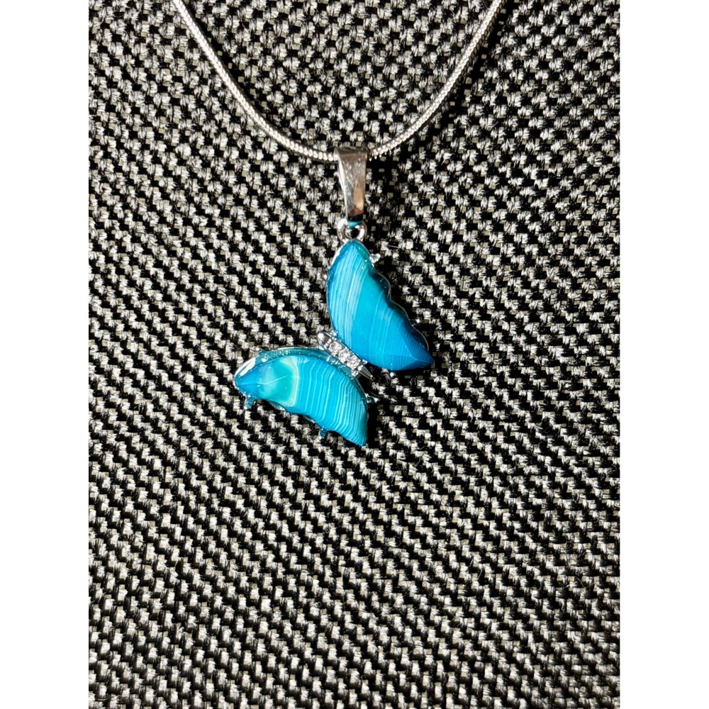 Blue Banded Agate Butterfly Pendant Necklace Stainless Steel Snake Chain